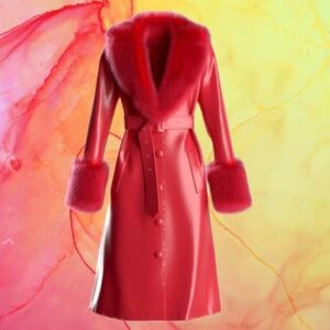 Finesse Red Faux Fur Trim Trench Coat